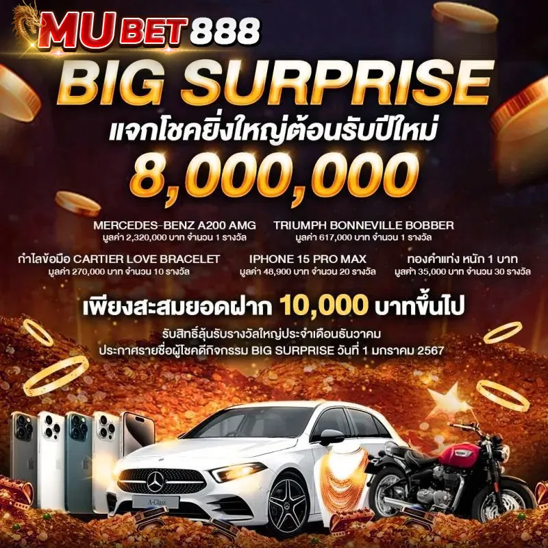 MUBET888 BIG SURPRISE แจกโชคใหญ่ต้อนรับปีใหม่ มูลค่ารวมกว่า 8,000,000 บาท ลุ้นรับ Mercedes Benz, Triumph, iPhone 15 Pro Max และของรางวัลอีกมากมาย